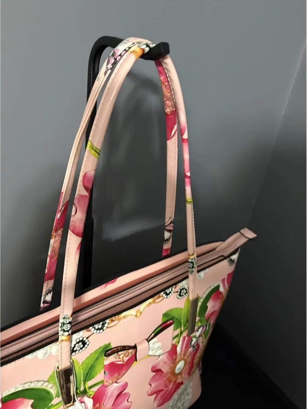 Pink Graphic Floral Tote Bag Bow Accent - Picture 2 of 8